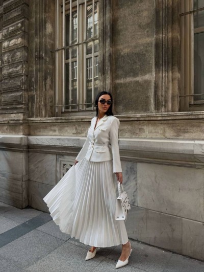 Elizabeth Kemerli Blazer Ceket & Pileli Etek Takımlar