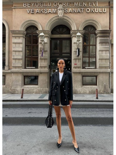 Heart / Gümüş Kalp Aksesuar Detaylı Blazer Ceket