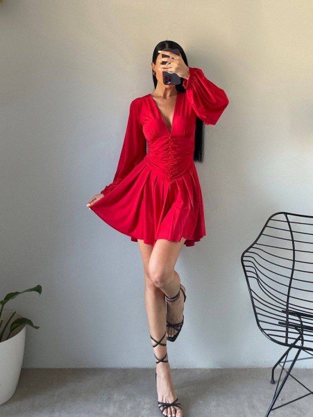 Tina V Yaka Büzgülü Likralı Mini Elbiseler Tina V Yaka Büzgülü Likralı Mini Elbiseler