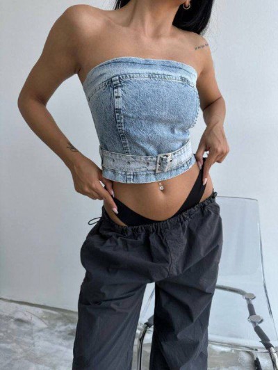 Kemerli Strapless Kot Crop