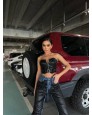Deri Kemerli Siyah Crop Top