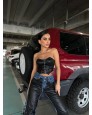 Deri Kemerli Siyah Crop Top