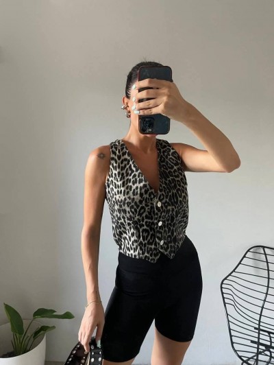 Denim Leopar Yelek Denim Leopar Yelek