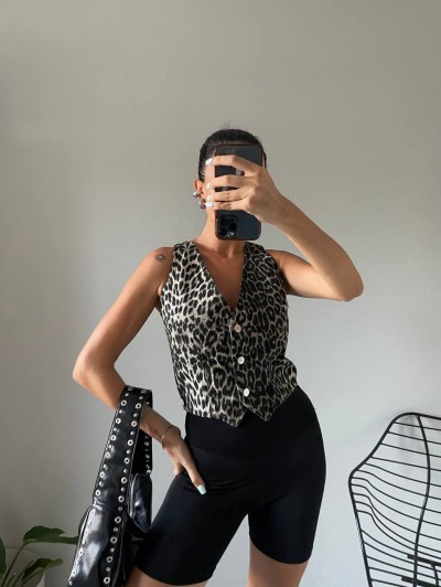 Denim Leopar Yelek Denim Leopar Yelek