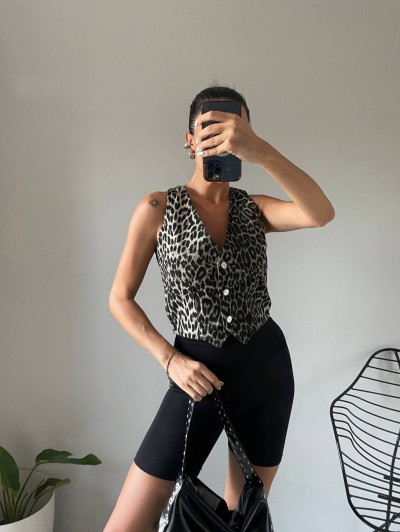 Denim Leopar Yelek Denim Leopar Yelek