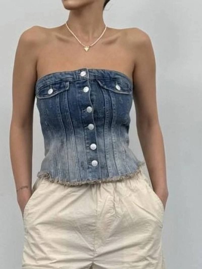 Denim Mavi Beyaz Crop Top