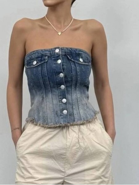 Denim Mavi Beyaz Crop Top