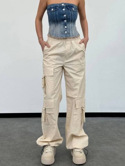 Denim Mavi Beyaz Crop Top