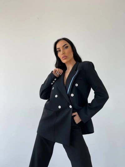 Tie Kravat Detay Tasarım Siyah Blazer Ceket