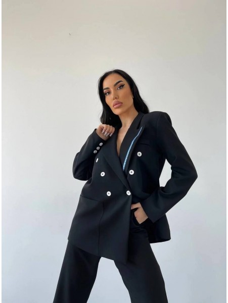Tie Kravat Detay Tasarım Siyah Blazer Ceket