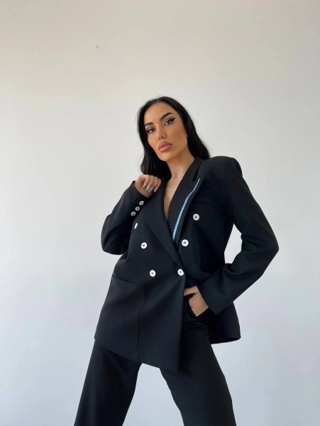 Tie Kravat Detay Tasarım Siyah Blazer Ceket