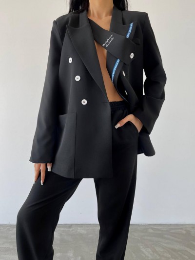 Tie Kravat Detay Tasarım Siyah Blazer Ceket