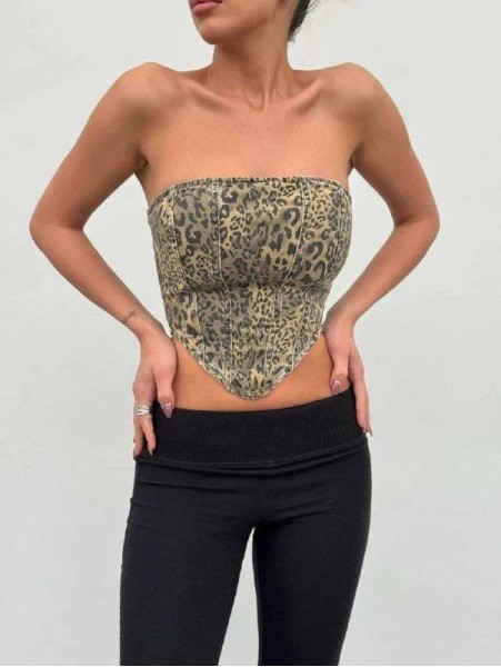 Strapless Leopar Denim Crop