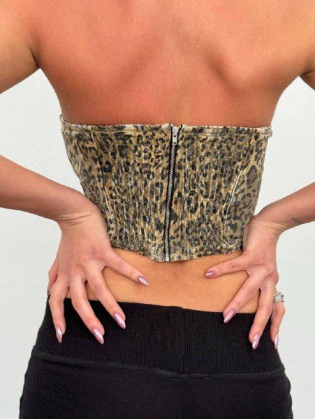 Strapless Leopar Denim Crop