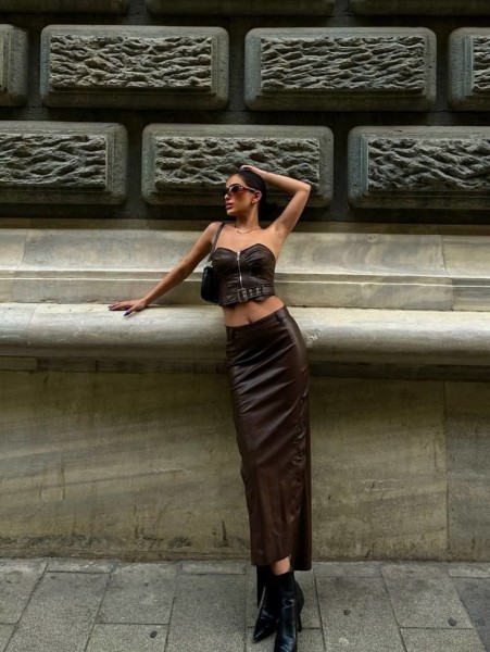 Tasarım Deri Acı Kahve Etek