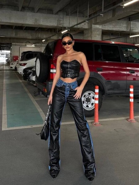 Deri Detay Siyah Kot Pantolon