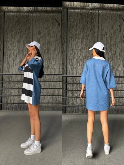 Çift Renk Diz Üstü Kısa Denim Elbise Çift Renk Diz Üstü Kısa Denim Elbise