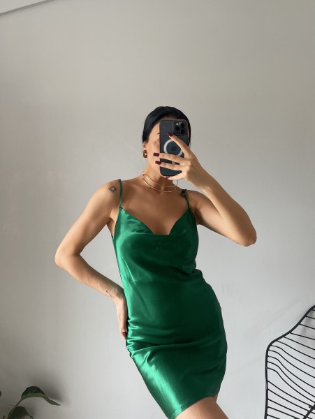Askılı Yeşil Mini Saten Elbise Askılı Yeşil Mini Saten Elbise