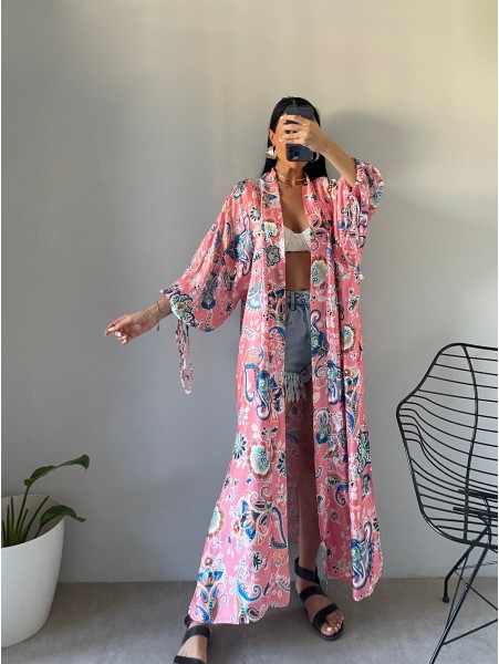 Renkli Minimal Desenli Saten Kimono