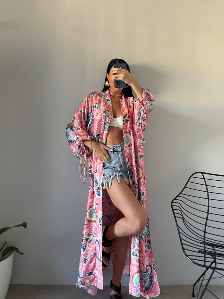 Renkli Minimal Desenli Saten Kimono