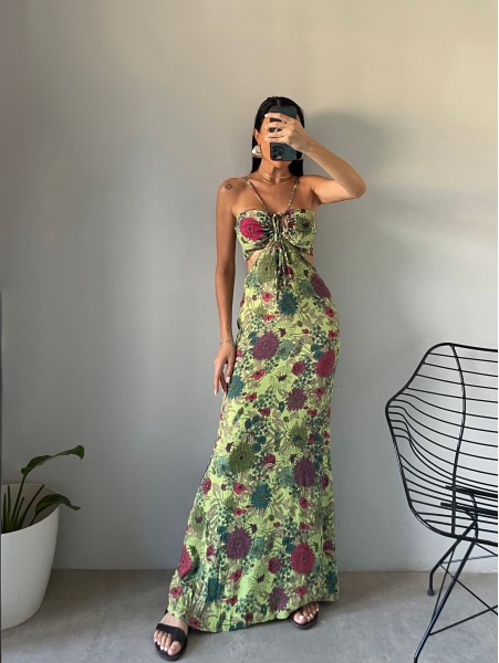 Kaley Sırt ve Göğüs Dekolteli Çiçekli Yeşil Elbise