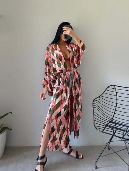 Saten Desenli Kuşaklı Renkli Kimono