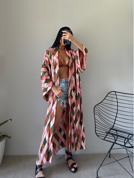 Saten Desenli Kuşaklı Renkli Kimono