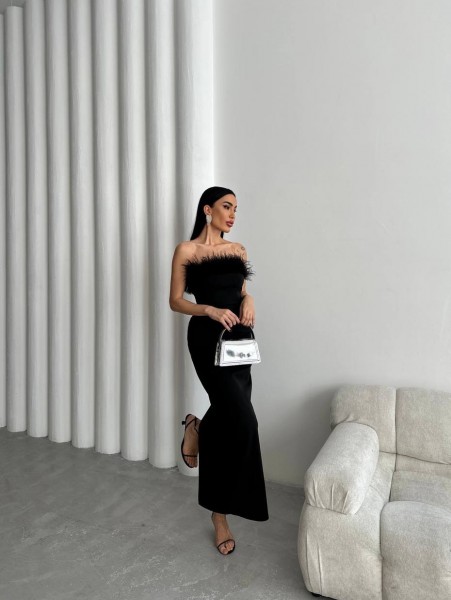 Strapless Tüylü Uzun Elbise