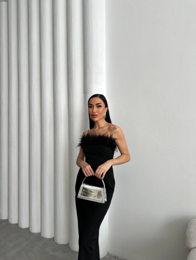 Strapless Tüylü Uzun Elbise Strapless Tüylü Uzun Elbise