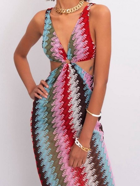 Çok Renkli Halka Detaylı Uzun Elbise Çok Renkli Halka Detaylı Uzun Elbise