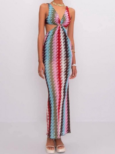 Çok Renkli Halka Detaylı Uzun Elbise Çok Renkli Halka Detaylı Uzun Elbise