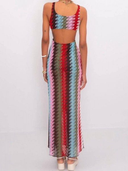 Çok Renkli Halka Detaylı Uzun Elbise Çok Renkli Halka Detaylı Uzun Elbise