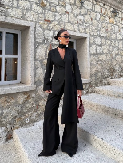 Prestige Şallı Blazer Ceket Palazzo Pantolon Takım Prestige Şallı Blazer Ceket Palazzo Pantolon Takım