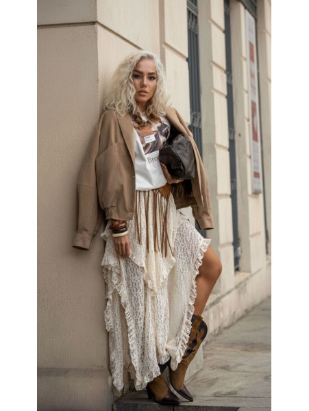 Lace / Dantel Astarlı Asimetrik Beyaz Etek