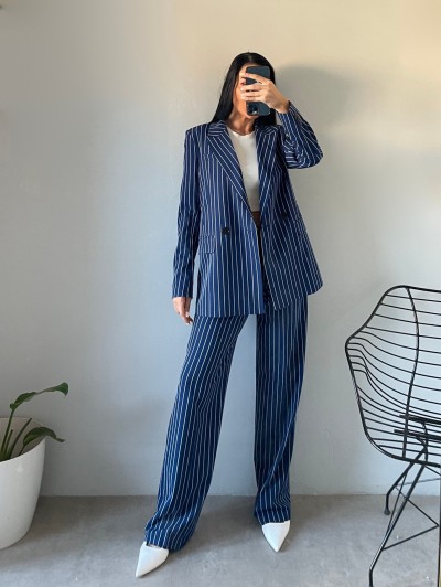 Moi Çizgili Blazer Ceket Palazzo Pantolon Takım