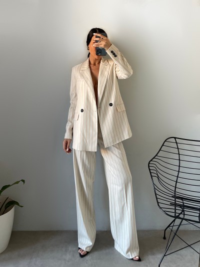 Moi Çizgili Blazer Ceket Palazzo Pantolon Takım