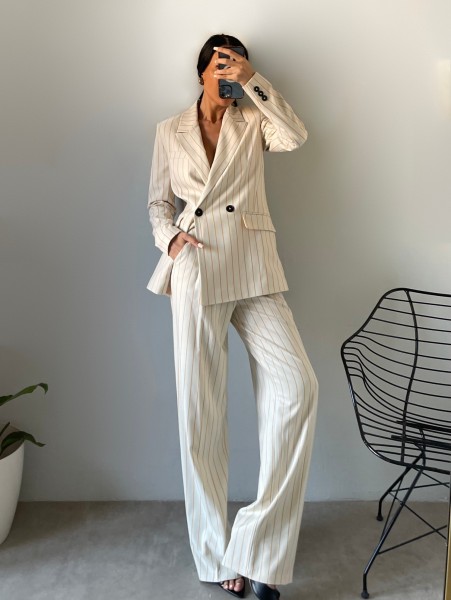 Moi Çizgili Blazer Ceket Palazzo Pantolon Takım