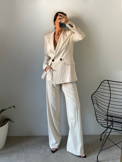 Moi Çizgili Blazer Ceket Palazzo Pantolon Takım